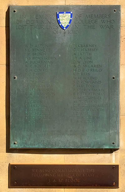 Downing College Roll of Honour , Cambridge University, Cambridge.