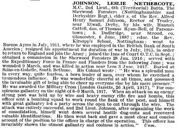Second Lieutenant Leslie Nethercote Johnson article